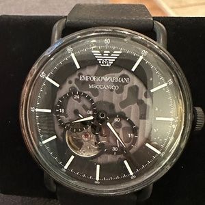 NWT Emporio Armani Men's Automatic Multifunction Black Leather Watch AR60028